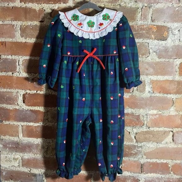 Vintage Glen Plaid Romper Bubble Lace Collar Apple Embroidery 18m - Picture 2 of 12